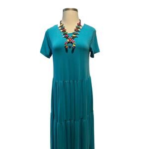 Zenana Size 1X Turquoise Knit Short Sleeve Tiered Midi Dress